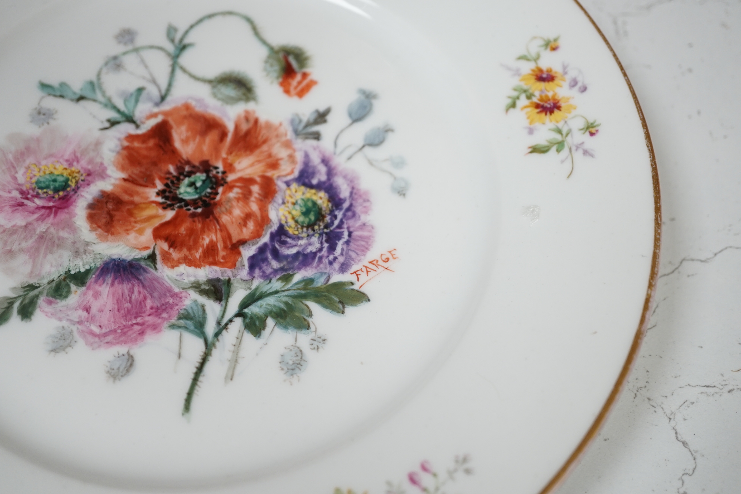 Eight porcelain items; a late 18th century Derby plate with painted scene of Coniston Lake, Lancashire, two floral painted Paris porcelain plates, a pair of Booths blue and white vases, a lidded vase, a Copeland blue gro